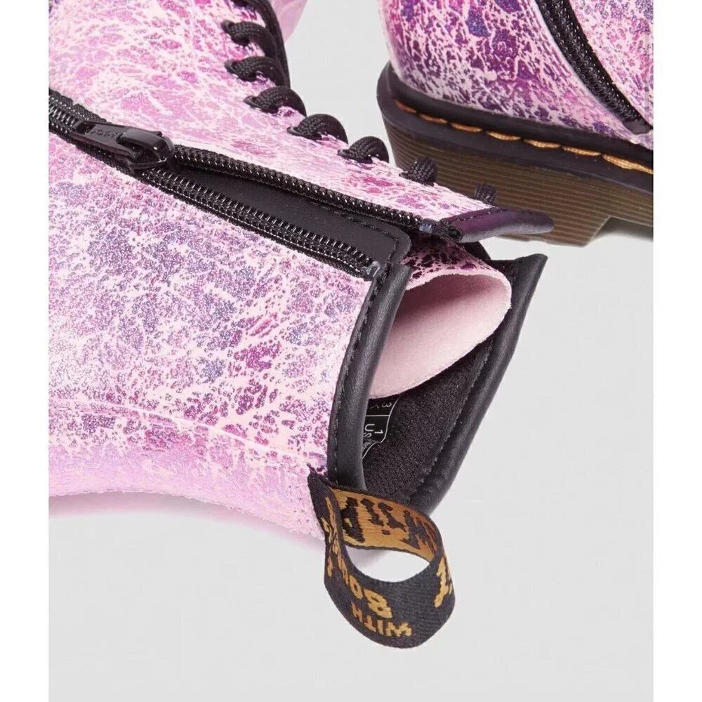 NEW! Dr. Martens Junior 1460 Crinkle Metallic Lace Up Boots Pink SZ 3